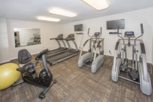 Fitness room at in the 1217 The Delaware Apartments building.