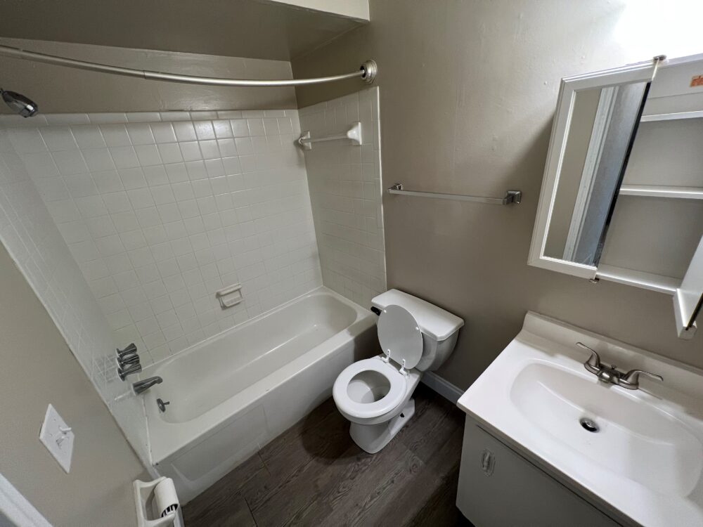 Full size bathroom with white cabinet space.