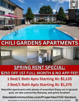 1 and 2-bedroom apartments for rent in Chili. New York at Chili Gardens Apartments.