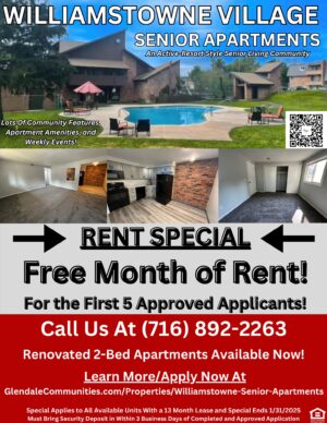 1- and 2-bedroom senior apartments for rent in Cheektowaga, NY. Williamstowne Village Senior Apartments.