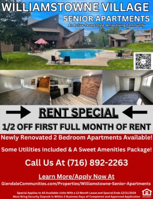 Williamstowne Village Senior Apartments rent special. Senior apartments for rent in Western, New York.