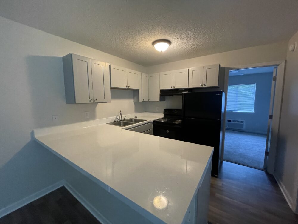 Updated kitchen with white counters and cabinets.