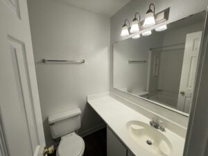 Well lit bathroom showing lots of counter space.